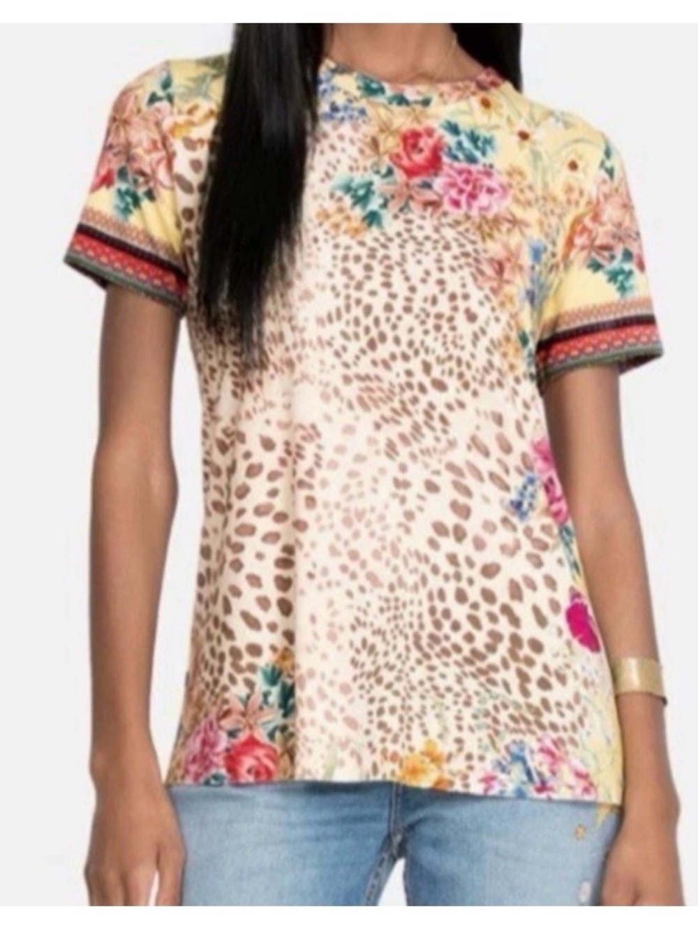 Johnny Was Yellow Floral & Leopard Short Sleeve Tee - Picture 3 of 4